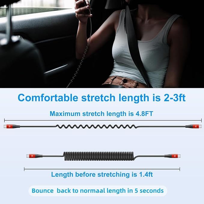 Coiled USB C Cable for Car 3FT & 6FT, USB C to USB C Fast Charging Cable USB - Image 7