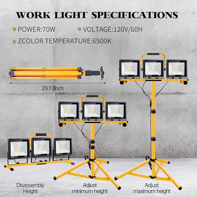 21000 Lumen Work Lights with Stand, 3 Adjustable Head LED Work Light,Foldable - Image 7