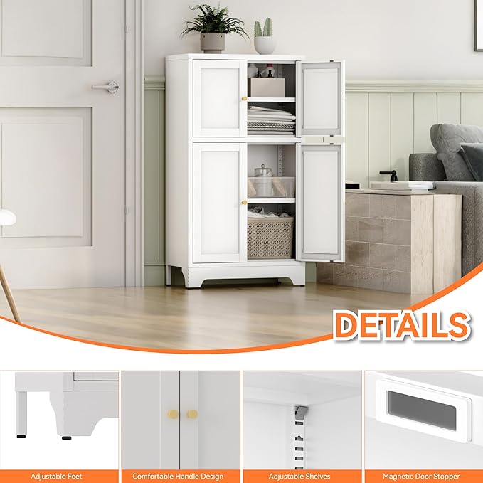 White Bathroom Floor Cabinet, Metal Storage Cabinet - Image 7