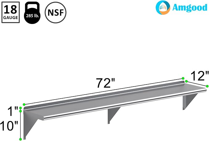 AmGood 72" Long X 12" Deep Stainless Steel Wall Shelf | NSF Certified | - Image 3