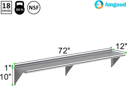 AmGood 72" Long X 12" Deep Stainless Steel Wall Shelf | NSF Certified | - Image 3