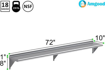 AmGood 72" Long X 10" Deep Stainless Steel Wall Shelf | NSF Certified | - Image 3
