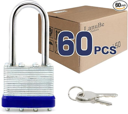 LanuBe Laminated Padlock 1-9/16inch Long Shackle 60 Pack Keyed Alike, Bulk Locks by LanuBe