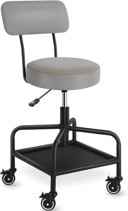 Shop Stool with Lockable Rubber Wheels Adjustable Backrest Tool Tray Storage by WUDOYO