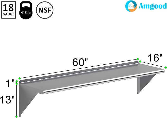AmGood 16 in. x 60 in. Stainless Steel Wal Mount Shelf. Commercial/Home. Kitchen - Image 3