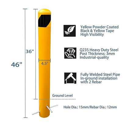 46" Pour in Place Steel Bollard Post, 4-1/2" OD Safety Bollard Yellow Powder - Image 3