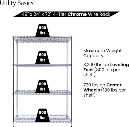 48"x24"x72" Chrome Premium Metal Steel Wire Shelving 4-Tier NSF 3200 LBS MAX - Image 6