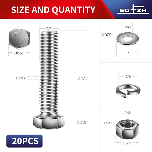 3/8-16 x 2-3/8" Hex Head Screw Bolt, Flat & Lock Washers, Fully Threaded - Image 2