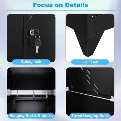71" Broom Closet Cabinet with Hanging Rod, Tall Black Metal Storage Cabinet - Image 4