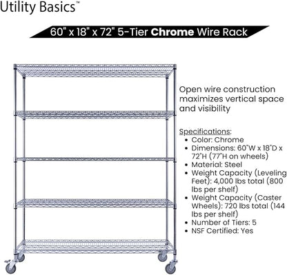 60"x18"x72" Chrome 5-Tier PREMIUM Wire Shelving NSF 4000 LBS MAX CAPACITY Heavy - Image 5