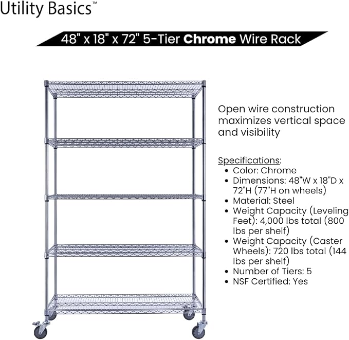 48"x18"x72" Chrome 5-Tier PREMIUM Wire Shelving NSF 4000 LBS MAX CAPACITY Heavy - Image 5