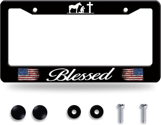 Blessed American Flag License Plate Frame Cross Pray by BRAGHRTED