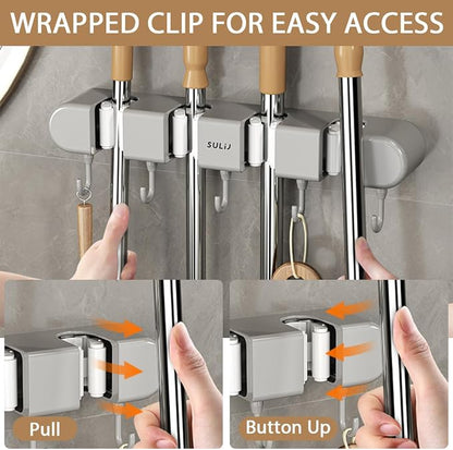 2Pcs Broom Mop Holder with Hooks Wall Mounted Broom Storage Rack No Drilling - Image 6