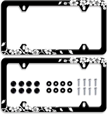 【2Pcs】 Black White Cherry Blossoms License Plate Frame Floral Flowers License by GORSNKYE