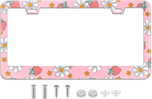 Pink Strawberry Floral License Plate Frame Stainless Steel License Plate Frames by TXWWXT