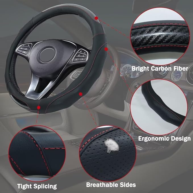 Car Steering Wheel Cover with Cup Coasters, Universal 15 inch Leather Carbon - Image 3