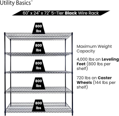 60"x24"x72" Black 5-Tier Premium Metal Wire Shelving NSF 4000 LBS MAX Capacity - Image 6