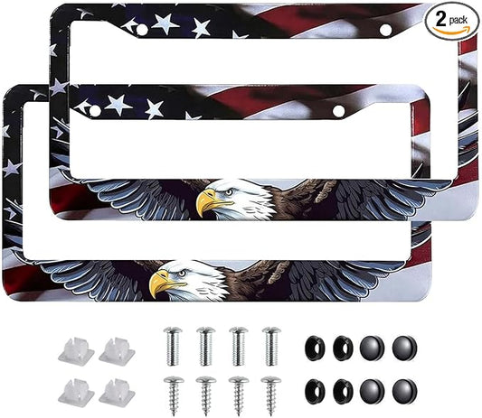 2Pack Universal Flag and Eagle License Plate Frame -Rustproof Aluminum Matte by Unknown