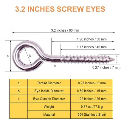 24 Pack, 3-1/5 Inch 304 Stainless Steel Eye Shape Screws Metal Hook, Heavy Duty - Image 6