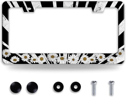 Sun License Plate Frame Black White Daisy Flowers License Plate Frames Funny by NINANMY