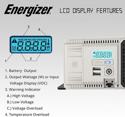 Energizer 1100 Watt 12V to 110v Pure Sine Wave Inverter Dual AC Outlets & USB - Image 3