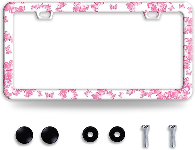 Pink Butterfly License Plate Frame Funny Animal License Plate Frames Stainless by BRAGHRTED