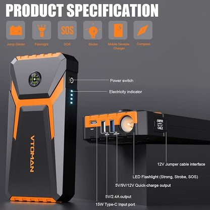 VTOMAN V6 Pro Jump Starter, 2000A Car Battery Jumper Starter Portable - Image 9