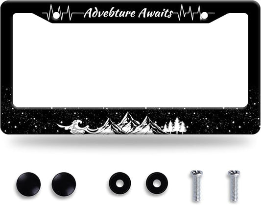 Advebture Awaits License Plate Frame Mountain Waves Forest License Plate by GORSNKYE