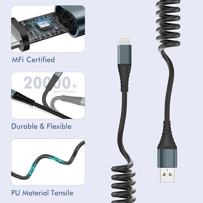 Heartbeats Coiled Lightning Cable 3FT 2 Pack MFi Certified Car iPhone Charger - Image 6