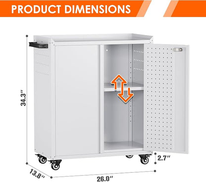 Garage Storage Cabinet with Wheels & Pegboard, 34.3" H Locking Metal Tool - Image 2