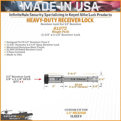 2" & 2.5" Receiver Lock, Heavy Duty Hitch Lock Pin, American Made In USA - Image 3