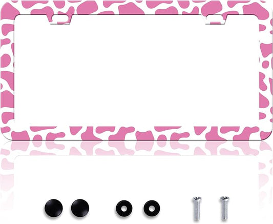 Pink Cow Print License Plate Frame Animal Texture License Plate Frames by HOWKWAWY
