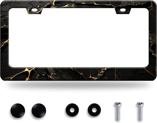 Marble License Plate Frame Black Gold Marble Printed License Plate Stainless by GORSNKYE