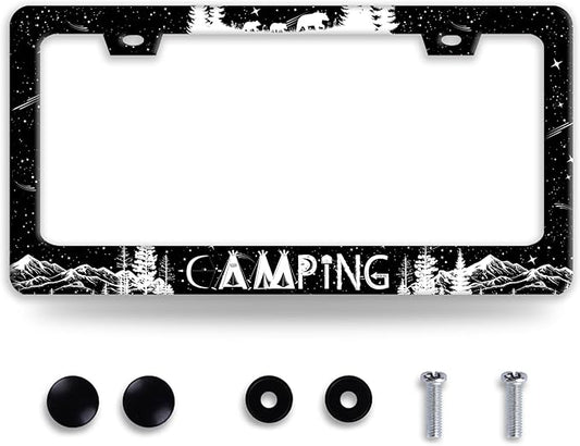 Camping License Plate Frame Forest Mountains License Plate Holder Funny by BRAGHRTED