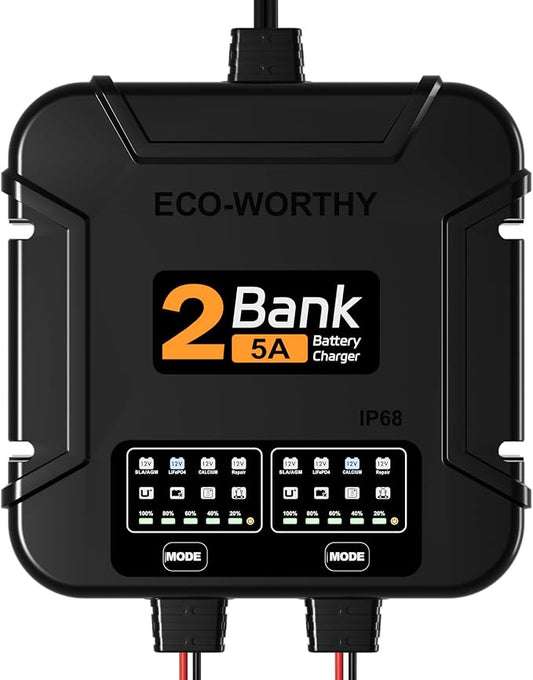 ECO-Worthy 2-Bank Marine Battery Charger 10A, IP68 Waterproof 12V Charger & by ECO-WORTHY