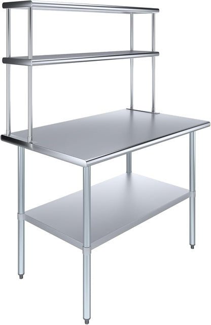 Amgood Stainless Steel Work Table Double Tier Overshelf | Metal Kitchen Prep by AmGood