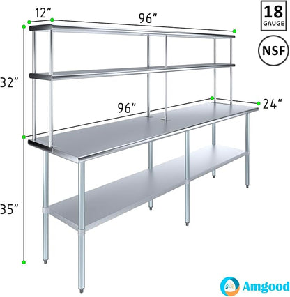 Amgood Stainless Steel Work Table Double Tier Overshelf | Metal Kitchen Prep - Image 3