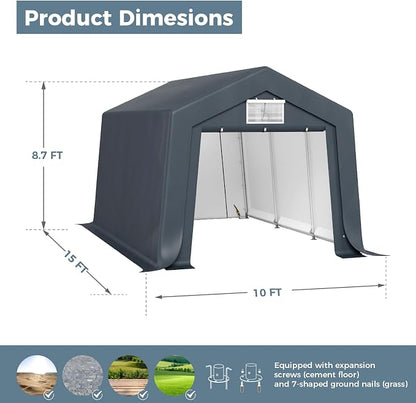 GREEN PARTY Storage Shelter Shed, 10x15 ft Portable Shed Outdoor Carport - Image 6