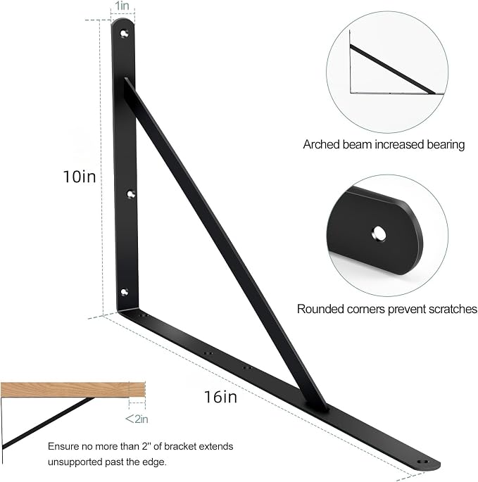 4 Pack L16 x H 10" Black Heavy Duty Shelf Brackets - Image 2