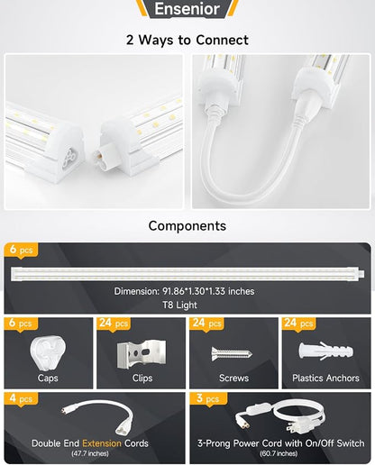 Ensenior 6 Pack 8 FT Led Shop Lights, 5000K Daylight, 10000LM Super Bright - Image 5