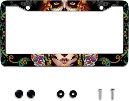 Personalise Sugar Skull Retro License Plate Frame Colorful Candy Skulls License by Omw2fyb
