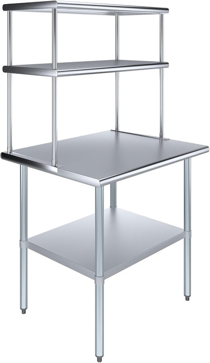 Amgood Stainless Steel Work Table Double Tier Overshelf | Metal Kitchen Prep by AmGood