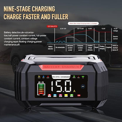 15 Amp Battery Charger, 12V 24V LiFePO4 Car Battery Charger 9-Stage Trickle - Image 6