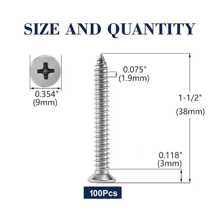 #10 x 1-1/2" Wood Screw 100Pcs 18-8 Stainless Steel Screws Flat Head Phillips - Image 2