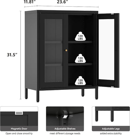 Metal Bathroom Cabinet with Glass Doors, Bathroom Floor Storage Cabinet with 2 - Image 2
