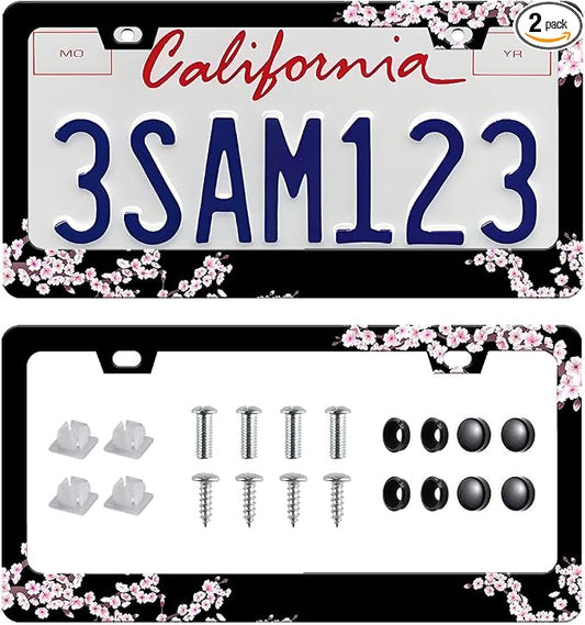 Cherry Blossom License Plate Frame-2 PCS Cherry Floral Flowers License Plate by Unknown