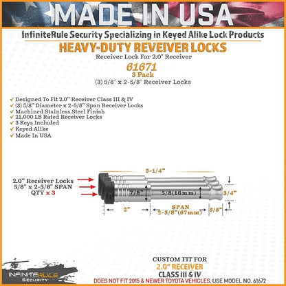 61671 | 3 Pack, Keyed Alike, Receiver Locks - Image 3