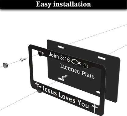 License Plate Cover Black and White License Plate Frames John 3:16 Jesus Loves - Image 7