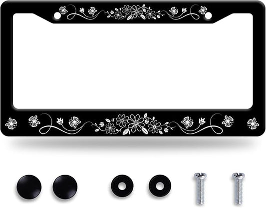Black White Daisy Butterfly License Plate Frame Flowers License Plate Stainless by GORSNKYE