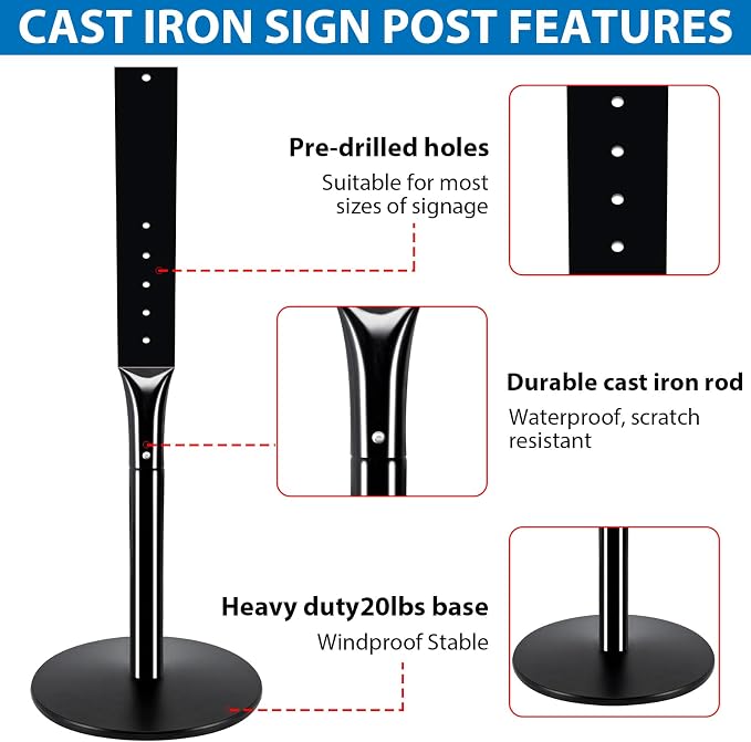 Heavy Duty Parking Sign Post Stand 49", 20lbs Cast Iron Base Sign Post - Image 5